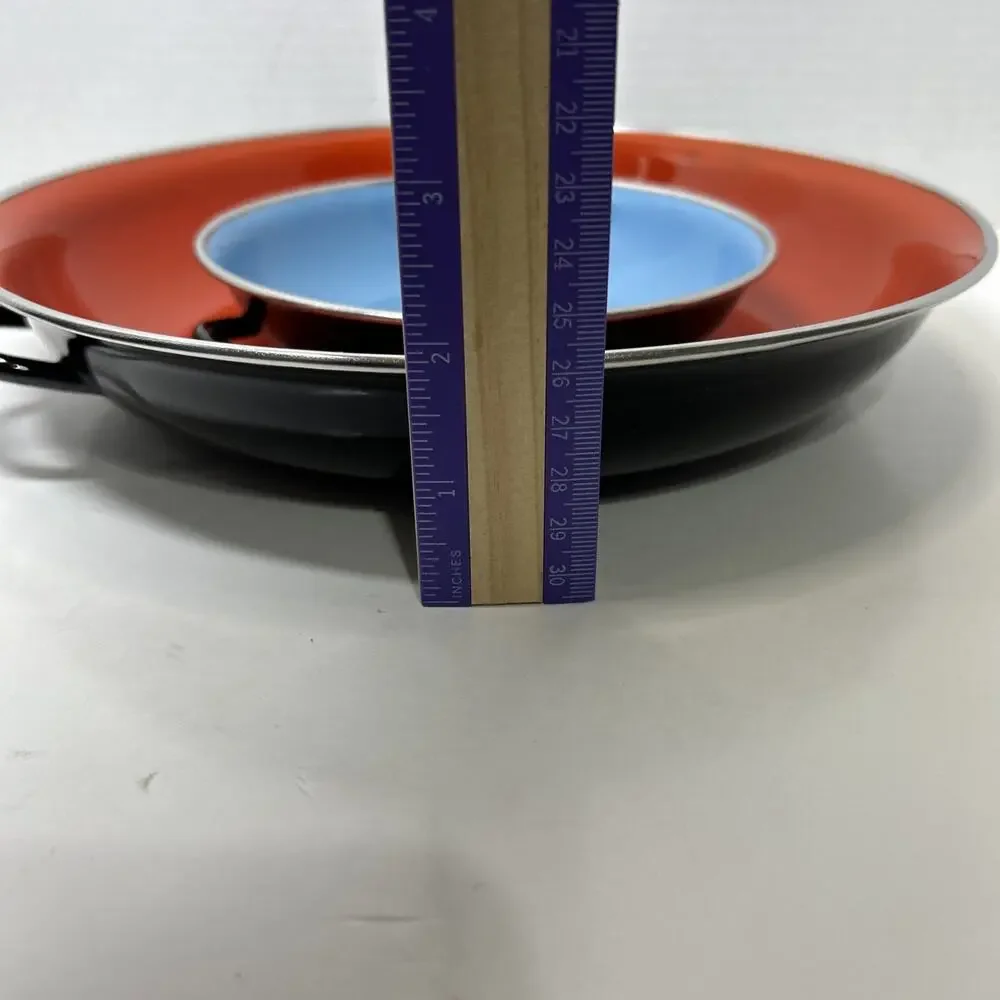 Vtg MCM Emo Celji Style Nesting Enamel Metal 2 Saute Pans Yugoslavia Blue Red